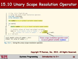 15.10 Unary Scope Resolution Operator
Copyright © Pearson, Inc. 2013. All Rights Reserved.
Unary scope resolution operator used
to access global variable number
Systems Programming Introduction to C++ 32
 