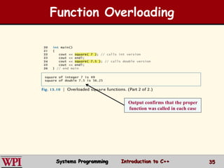 Function Overloading
Output confirms that the proper
function was called in each case
Systems Programming Introduction to C++ 35
 