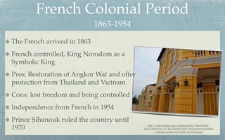 French Colonial Period
                             1863-1954
The French arrived in 1863
French controlled, King Norodom as a
Symbolic King
Pros: Restoration of Angkor Wat and offer
protection from Thailand and Vietnam
Cons: lost freedom and being controlled
Independence from French in 1954
Prince Sihanouk ruled the country until
1970                                          http://1.bp.blogspot.com/-aua0ggygWok/Te8gnOyjFEI/
                                            AAAAAAAADvU/b_RLAUPrp00/s640/Well-preserved+French
                                                    +colonial+architecture%252C+Cambodia.jpg
 