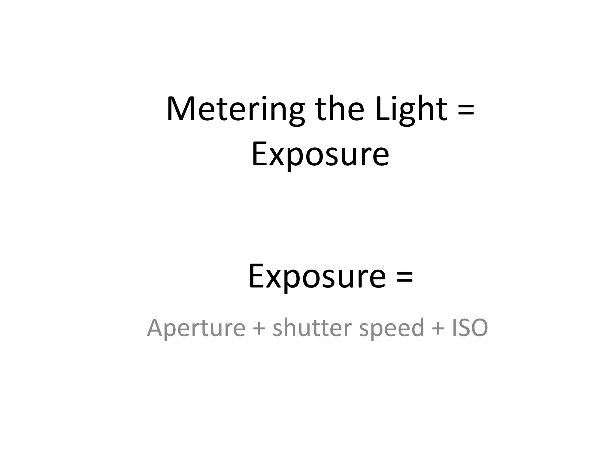 Metering the Light =
Exposure
Exposure =
Aperture + shutter speed + ISO
