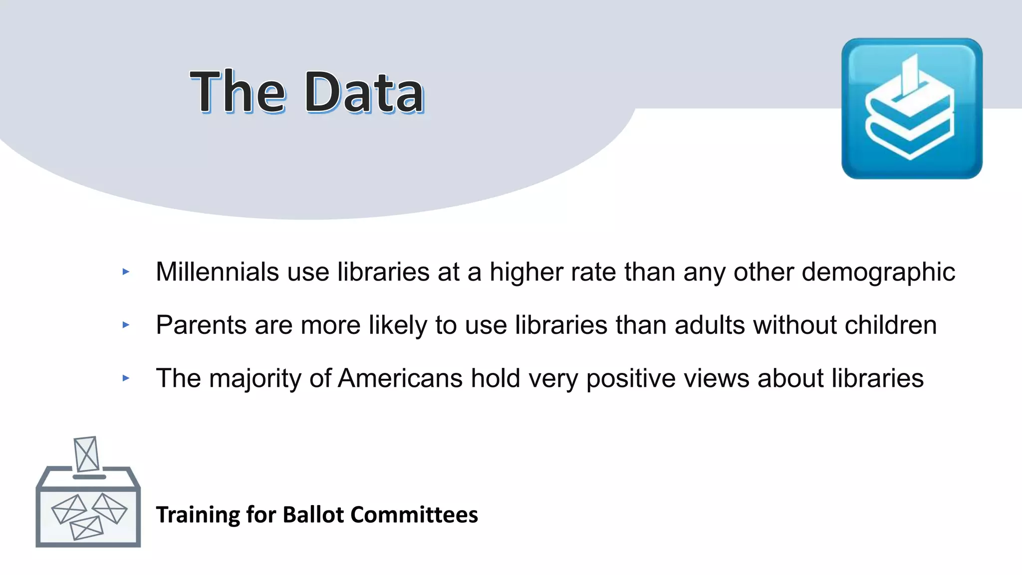 ‣ Millennials use libraries at a higher rate than any other demographic
‣ Parents are more likely to use libraries than adults without children
‣ The majority of Americans hold very positive views about libraries
Training for Ballot Committees
 