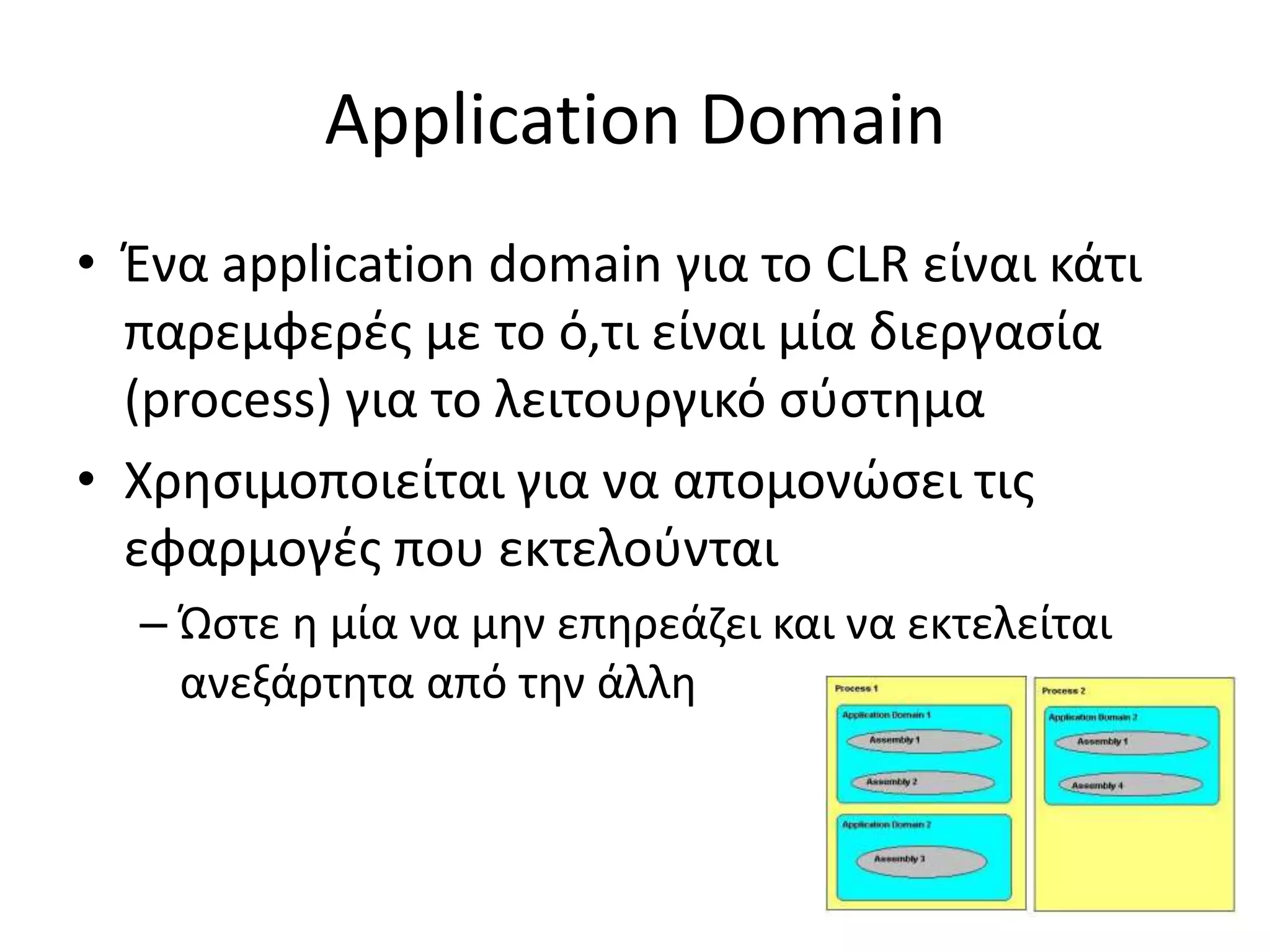 Application Domain
• Ένα application domain για το CLR είναι κάτι
παρεμφερές με το ό,τι είναι μία διεργασία
(process) για το λειτουργικό σύστημα
• Χρησιμοποιείται για να απομονώσει τις
εφαρμογές που εκτελούνται
– Ώστε η μία να μην επηρεάζει και να εκτελείται
ανεξάρτητα από την άλλη
 