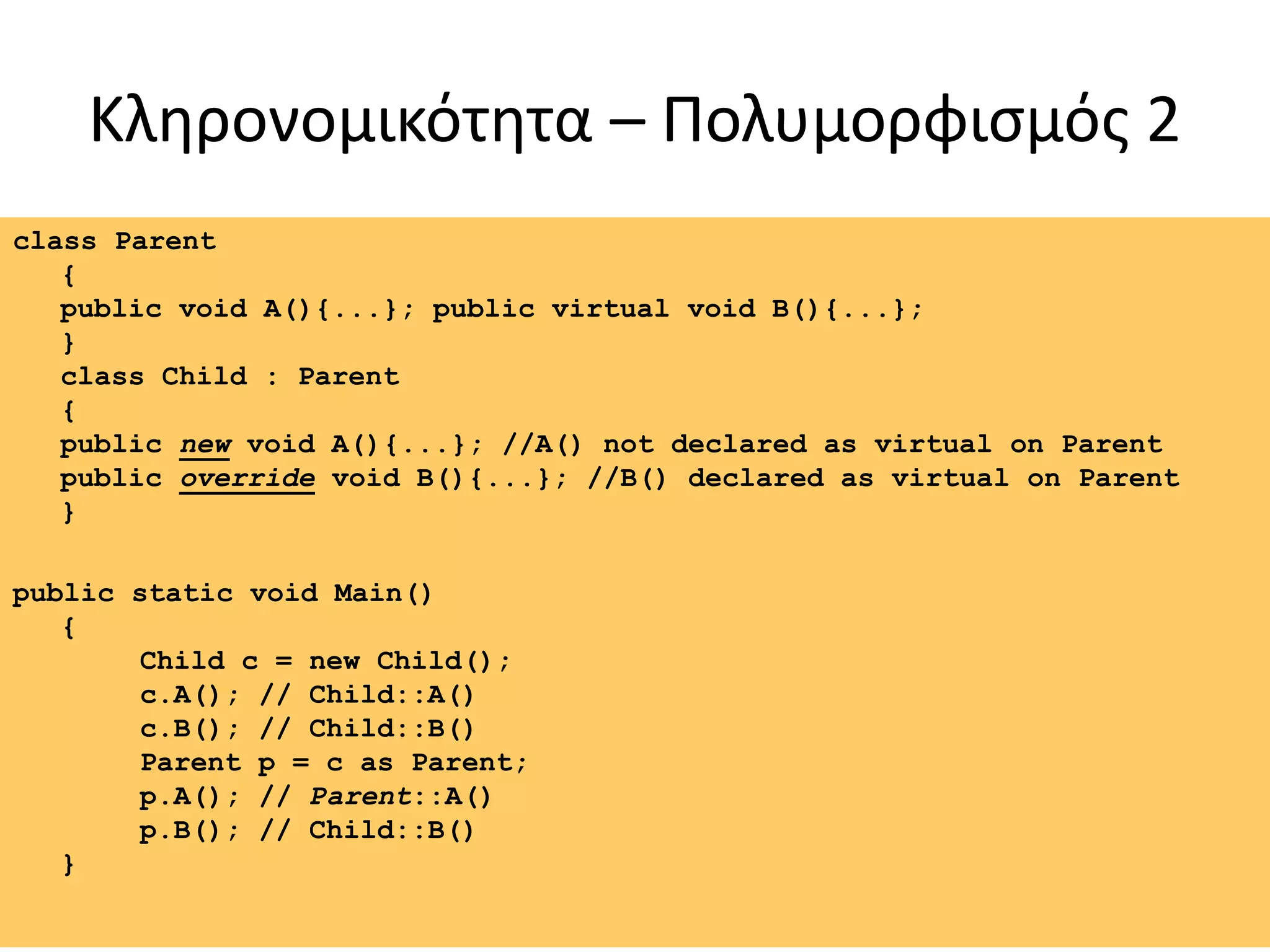 Κληρονομικότητα – Πολυμορφισμός 2
class Parent
{
public void A(){...}; public virtual void B(){...};
}
class Child : Parent
{
public new void A(){...}; //A() not declared as virtual on Parent
public override void B(){...}; //B() declared as virtual on Parent
}
public static void Main()
{
Child c = new Child();
c.A(); // Child::A()
c.B(); // Child::B()
Parent p = c as Parent;
p.A(); // Parent::A()
p.B(); // Child::B()
}
 