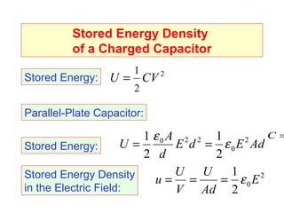 Stored Energy Density  of a Charged Capacitor Stored Energy: Parallel-Plate Capacitor: Stored Energy: Stored Energy Density in the Electric Field: 