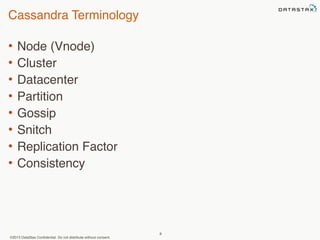 Cassandra Terminology 
• Node (Vnode) 
• Cluster 
• Datacenter 
• Partition 
• Gossip 
• Snitch 
• Replication Factor 
• Consistency 
©2013 DataStax Confidential. Do not distribute without consent. 
8 
 