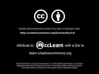 Attribute to                                                  with a link to

                learn.creativecommons.org

Creative Commons, ccLearn, the double C in a circle and the open Book in a circle are
registered trademarks of Creative Commons in the United States and other countries.
       Third party marks and brands are the property of their respective holders.
 