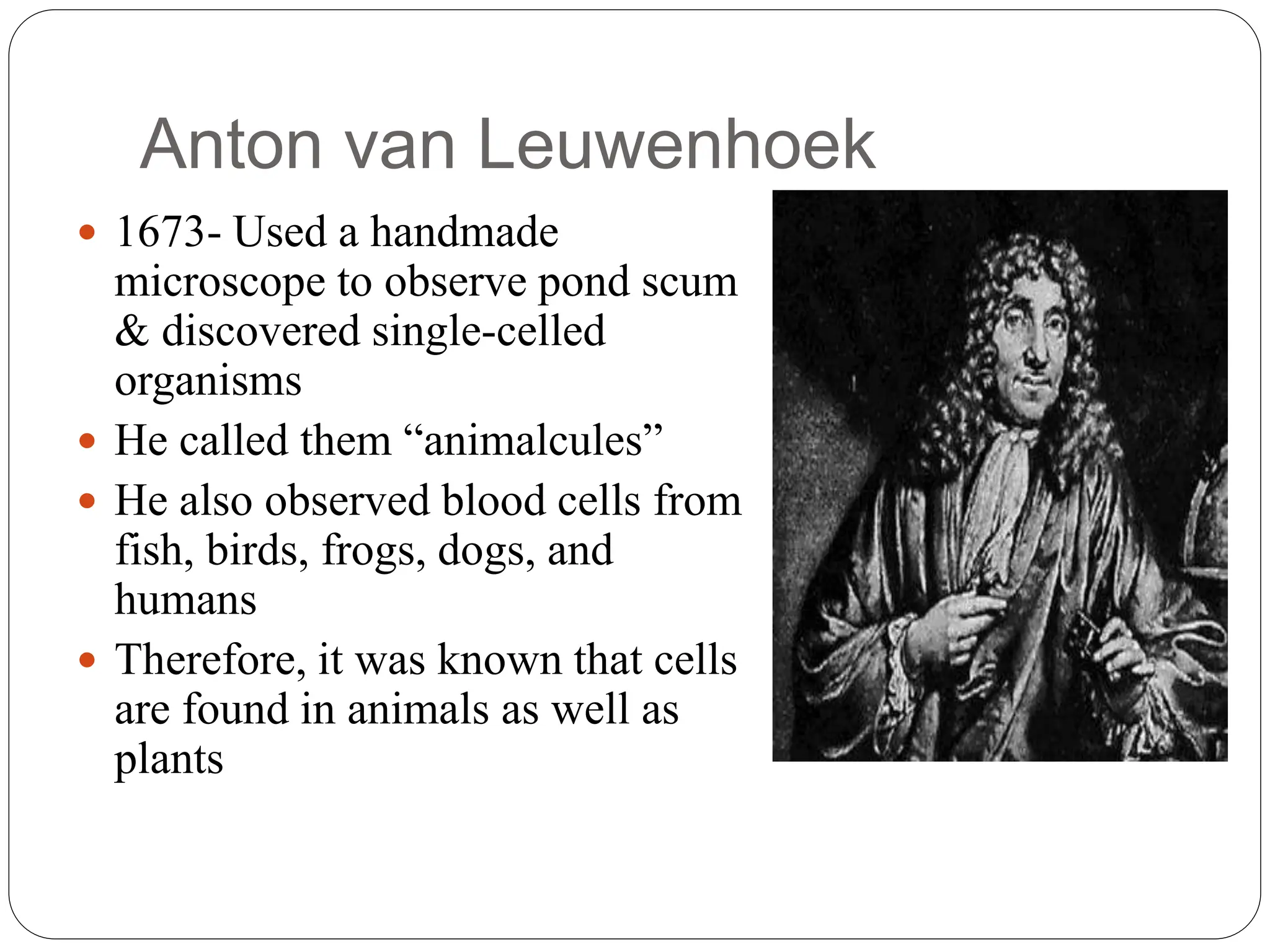 Anton van Leuwenhoek
 1673- Used a handmade
microscope to observe pond scum
& discovered single-celled
organisms
 He called them “animalcules”
 He also observed blood cells from
fish, birds, frogs, dogs, and
humans
 Therefore, it was known that cells
are found in animals as well as
plants
 