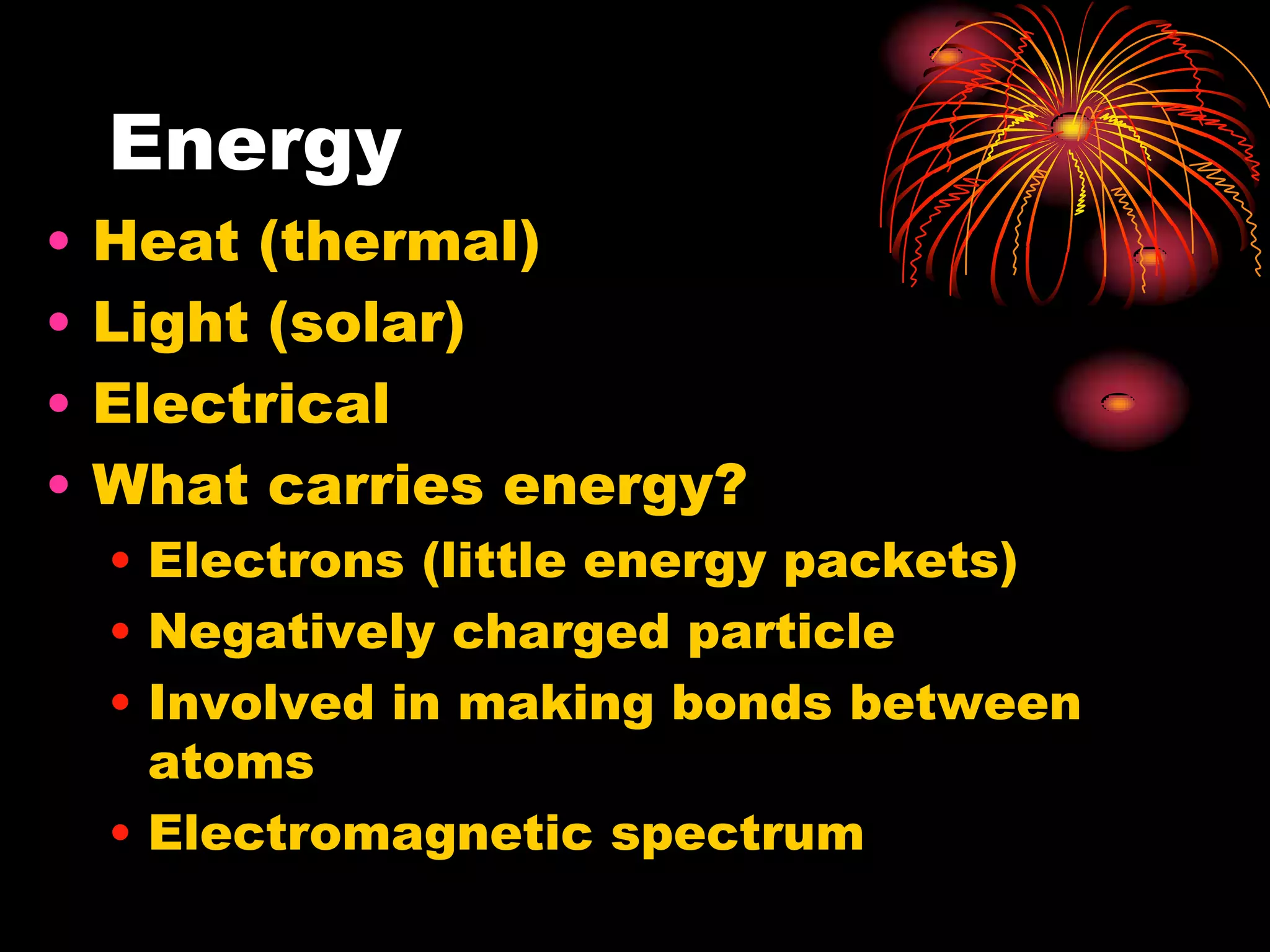 EnergyHeat (thermal)Light (solar)ElectricalWhat carries energy?Electrons (little energy packets)Negatively charged particleInvolved in making bonds between atomsElectromagnetic spectrum