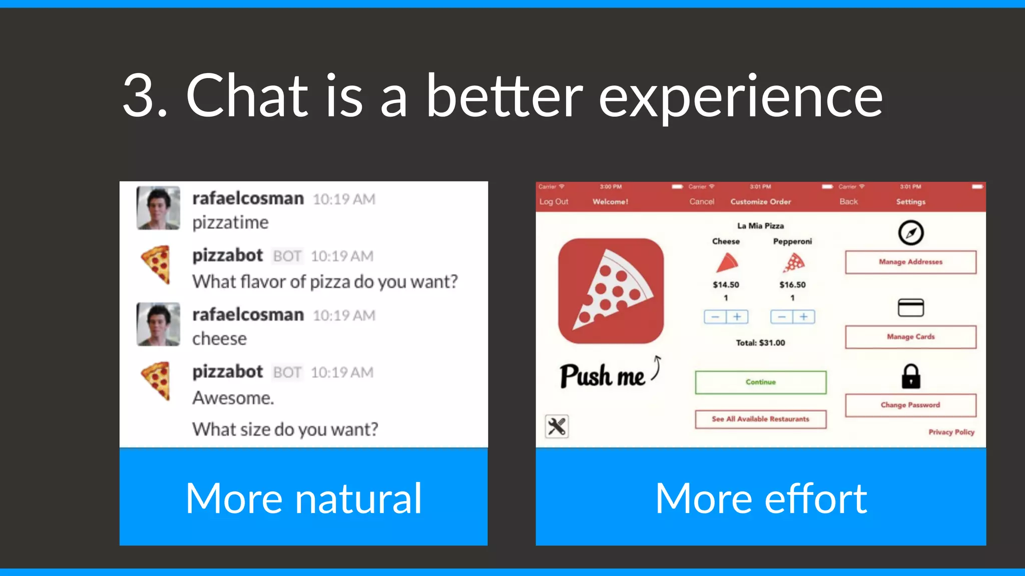 3. Chat is a beOer experience
More natural More effort