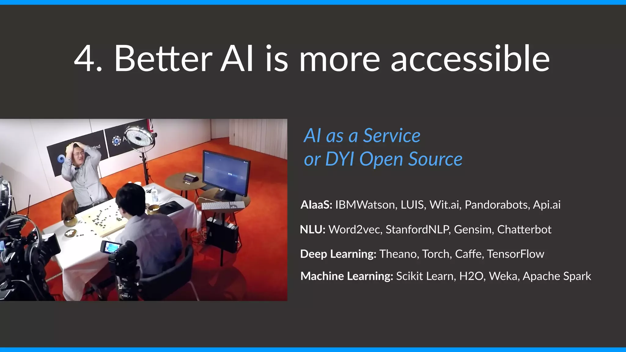 4. BeOer AI is more accessible
Machine Learning: Scikit Learn, H2O, Weka, Apache Spark
NLU: Word2vec, StanfordNLP, Gensim, ChaOerbot
Deep Learning: Theano, Torch, Caffe, TensorFlow
AIaaS: IBMWatson, LUIS, Wit.ai, Pandorabots, Api.ai
AI as a Service
or DYI Open Source