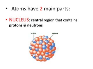 Atoms have 2 main parts:NUCLEUS: central region that contains protons & neutrons