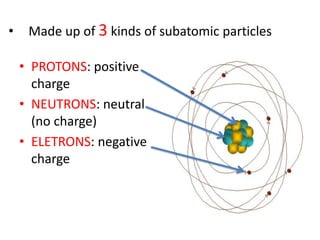 Made up of 3 kinds of subatomic particlesPROTONS: positive chargeNEUTRONS: neutral (no charge)ELETRONS: negative charge