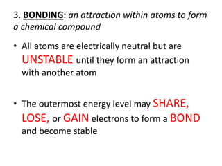 3. BONDING: an attraction within atoms to form a chemical compoundAll atoms are electrically neutral but are UNSTABLE until they form an attraction with another atomThe outermost energy level may SHARE, LOSE, or GAIN electrons to form a BOND and become stable