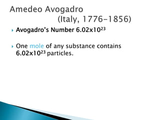  Avogadro’s Number 6.02x1023
 One mole of any substance contains
6.02x1023 particles.
 