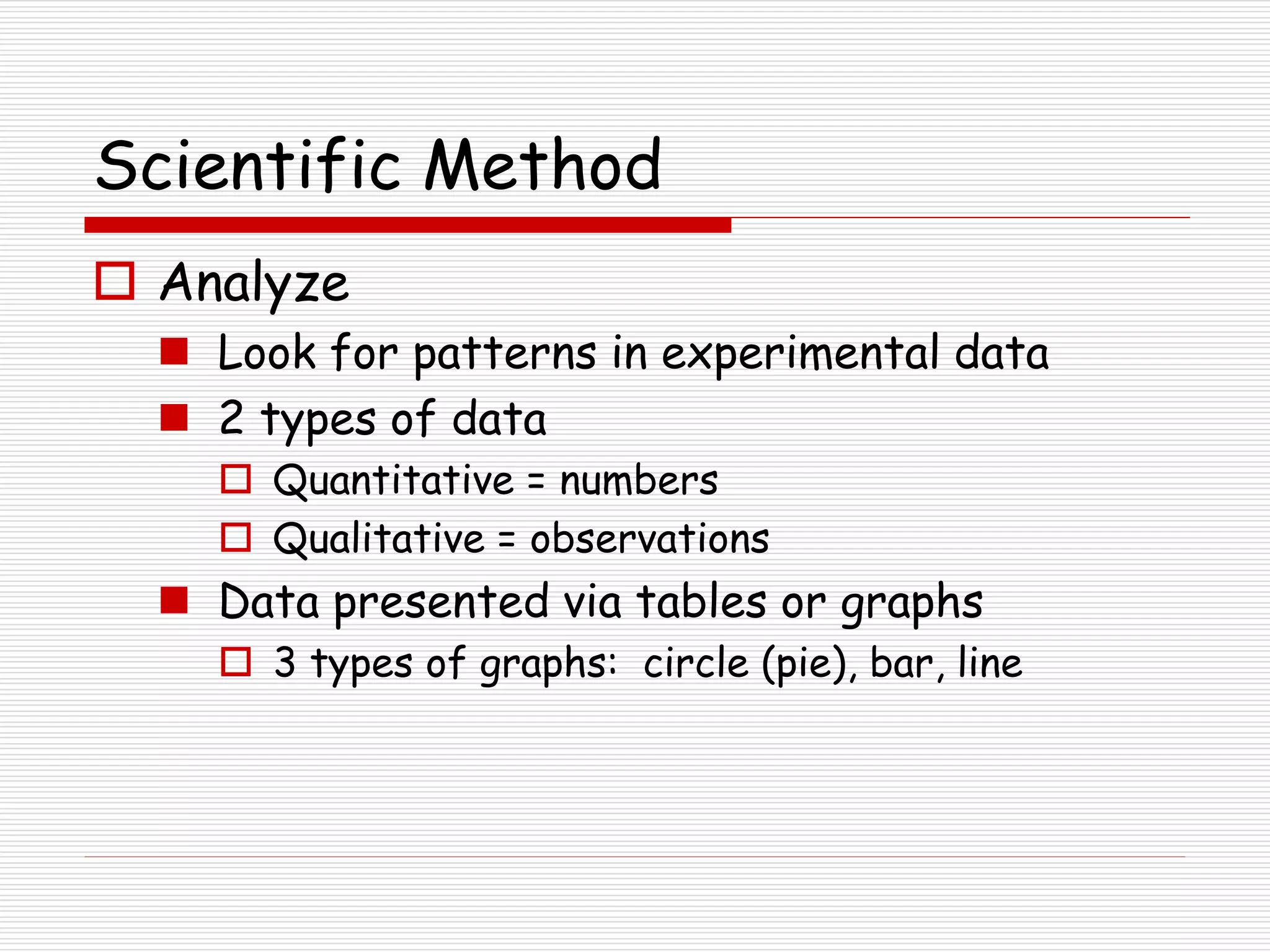 Scientific Method
 Analyze
 Look for patterns in experimental data
 2 types of data
 Quantitative = numbers
 Qualitative = observations
 Data presented via tables or graphs
 3 types of graphs: circle (pie), bar, line
 