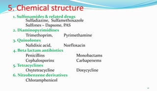 5. Chemical structure
1. Sulfonamides & related drugs
Sulfadiazine, Sulfamethoxazole
Sulfones – Dapsone, PAS
2. Diaminopyrimidines
Trimethoprim, Pyrimethamine
3. Quinolones
Nalidixic acid, Norfloxacin
4. Beta lactam antibiotics
Penicillins Monobactams
Cephalosporins Carbapenems
5. Tetracyclines
Oxytetracycline Doxycycline
6. Nitrobenzene derivatives
Chloramphenicol
10
 