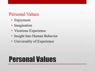 Personal Values
Personal Values
• Enjoyment
• Imagination
• Vicarious Experience
• Insight Into Human Behavior
• Universality of Experience
 