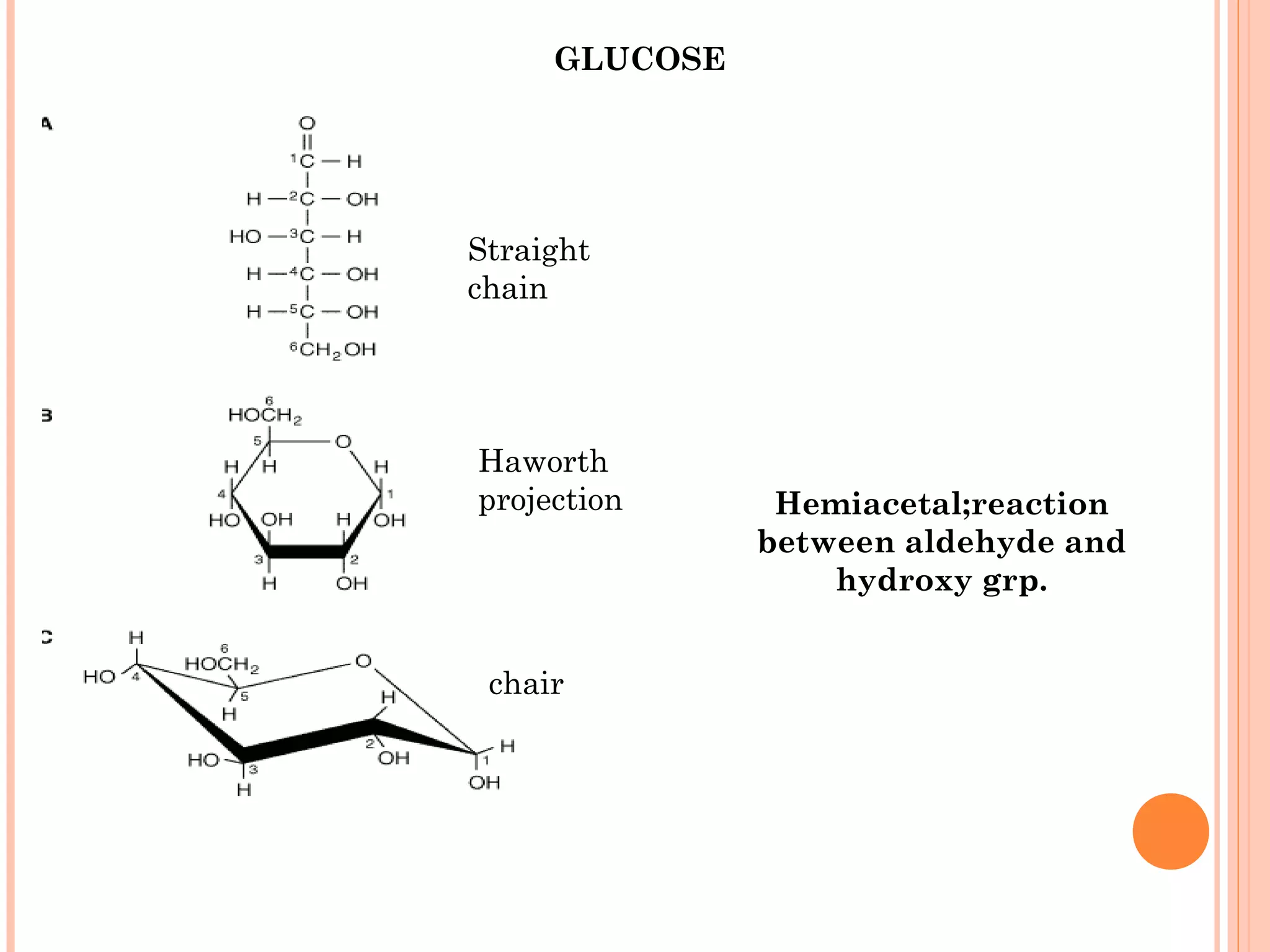Straight
chain
Haworth
projection
chair
Hemiacetal;reaction
between aldehyde and
hydroxy grp.
GLUCOSE
 