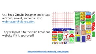 Use Snap Circuits Designer and create
a circuit, save it, and email it to
webmaster@elenco.com.
They will post it to their Kid Kreations
website if it is approved!
http://www.snapcircuits.net/learning_center/designer
 
