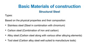Basic Materials of construction
Structural Steel
Types:
Based on the physical properties and their composition
• Stainless steel (Steel in combination with chromium)
• Carbon steel (Combination of iron and carbon)
• Alloy steel (Carbon steel along with various other alloying elements)
• Tool steel (Carbon alloy steel well suited to manufacture tools)
 