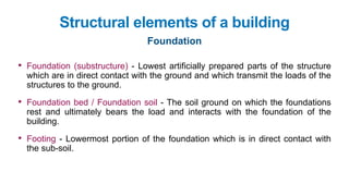 • Foundation (substructure) - Lowest artificially prepared parts of the structure
which are in direct contact with the ground and which transmit the loads of the
structures to the ground.
• Foundation bed / Foundation soil - The soil ground on which the foundations
rest and ultimately bears the load and interacts with the foundation of the
building.
• Footing - Lowermost portion of the foundation which is in direct contact with
the sub-soil.
Structural elements of a building
Foundation
 