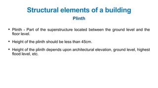 • Plinth - Part of the superstructure located between the ground level and the
floor level.
• Height of the plinth should be less than 45cm.
• Height of the plinth depends upon architectural elevation, ground level, highest
flood level, etc.
Structural elements of a building
Plinth
 