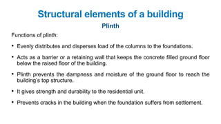 Functions of plinth:
• Evenly distributes and disperses load of the columns to the foundations.
• Acts as a barrier or a retaining wall that keeps the concrete filled ground floor
below the raised floor of the building.
• Plinth prevents the dampness and moisture of the ground floor to reach the
building’s top structure.
• It gives strength and durability to the residential unit.
• Prevents cracks in the building when the foundation suffers from settlement.
Structural elements of a building
Plinth
 