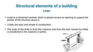 • Lintel is a horizontal member which is placed across an opening to support the
portion of the structure above it.
• Lintels are easy and simple in construction.
• The ends of the lintel is built into masonry and thus the load carried by lintels
is transferred to the masonry in jambs.
Structural elements of a building
Lintel
 