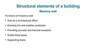 Functions of masonry wall:
• Acts as a architectural effect.
• Granting fire and weather protection.
• Providing acoustic and thermal insulation.
• Subdividing space
• Supporting loads.
Structural elements of a building
Masonry wall
 