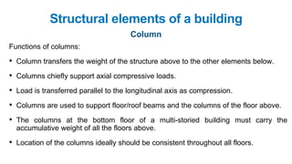 Structural elements of a building
Column
Functions of columns:
• Column transfers the weight of the structure above to the other elements below.
• Columns chiefly support axial compressive loads.
• Load is transferred parallel to the longitudinal axis as compression.
• Columns are used to support floor/roof beams and the columns of the floor above.
• The columns at the bottom floor of a multi-storied building must carry the
accumulative weight of all the floors above.
• Location of the columns ideally should be consistent throughout all floors.
 