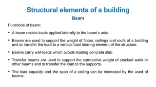 Beam
Structural elements of a building
Functions of beam:
• A beam resists loads applied laterally to the beam’s axis.
• Beams are used to support the weight of floors, ceilings and roofs of a building
and to transfer the load to a vertical load bearing element of the structure.
• Beams carry wall loads which avoids loading concrete slab.
• Transfer beams are used to support the cumulative weight of stacked walls or
other beams and to transfer the load to the supports.
• The load capacity and the span of a ceiling can be increased by the used of
beams.
 