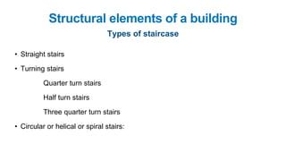 • Straight stairs
• Turning stairs
Quarter turn stairs
Half turn stairs
Three quarter turn stairs
• Circular or helical or spiral stairs:
Structural elements of a building
Types of staircase
 