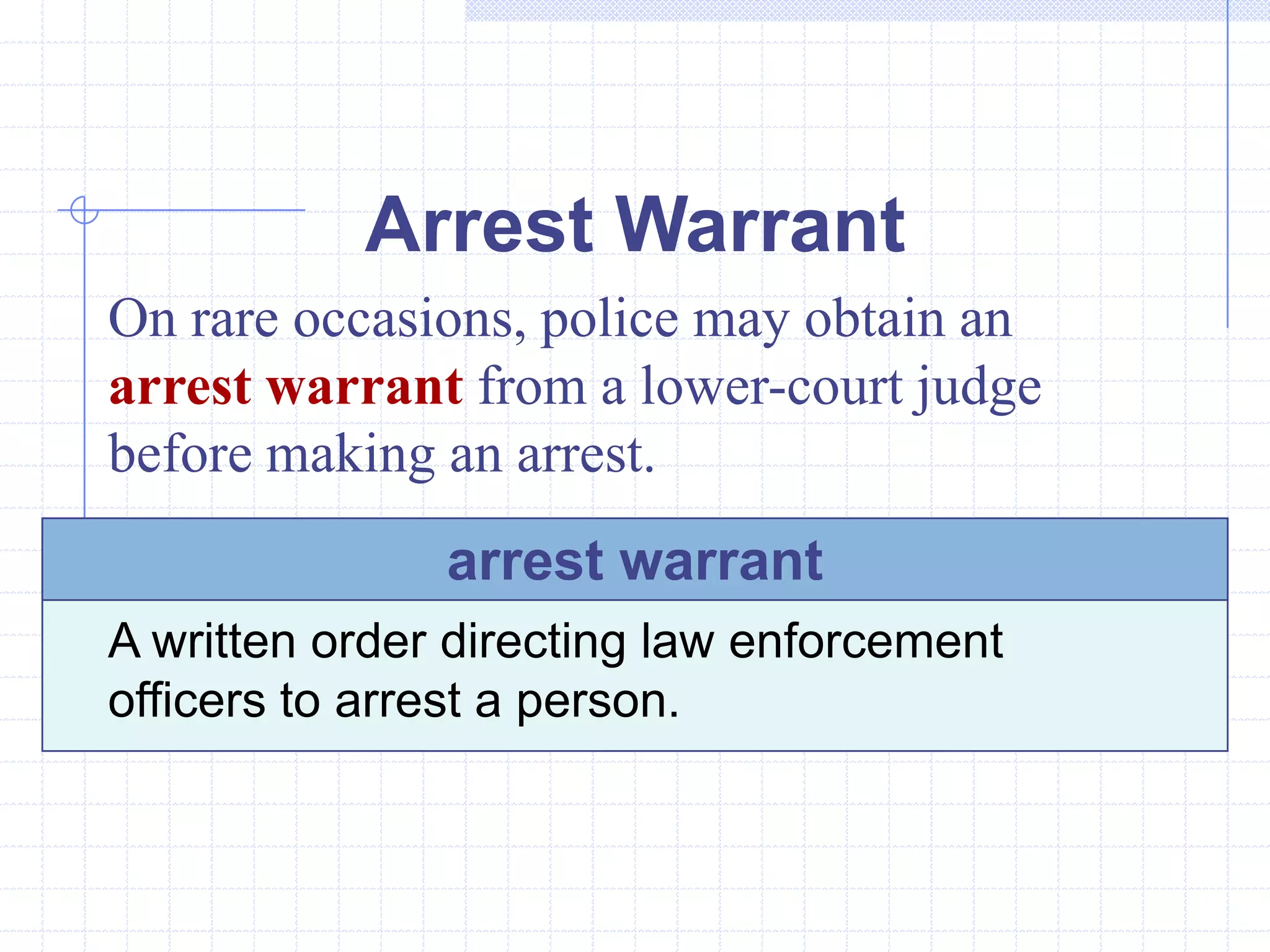 Arrest Warrant
On rare occasions, police may obtain an
arrest warrant from a lower-court judge
before making an arrest.
               arrest warrant
A written order directing law enforcement
officers to arrest a person.
 