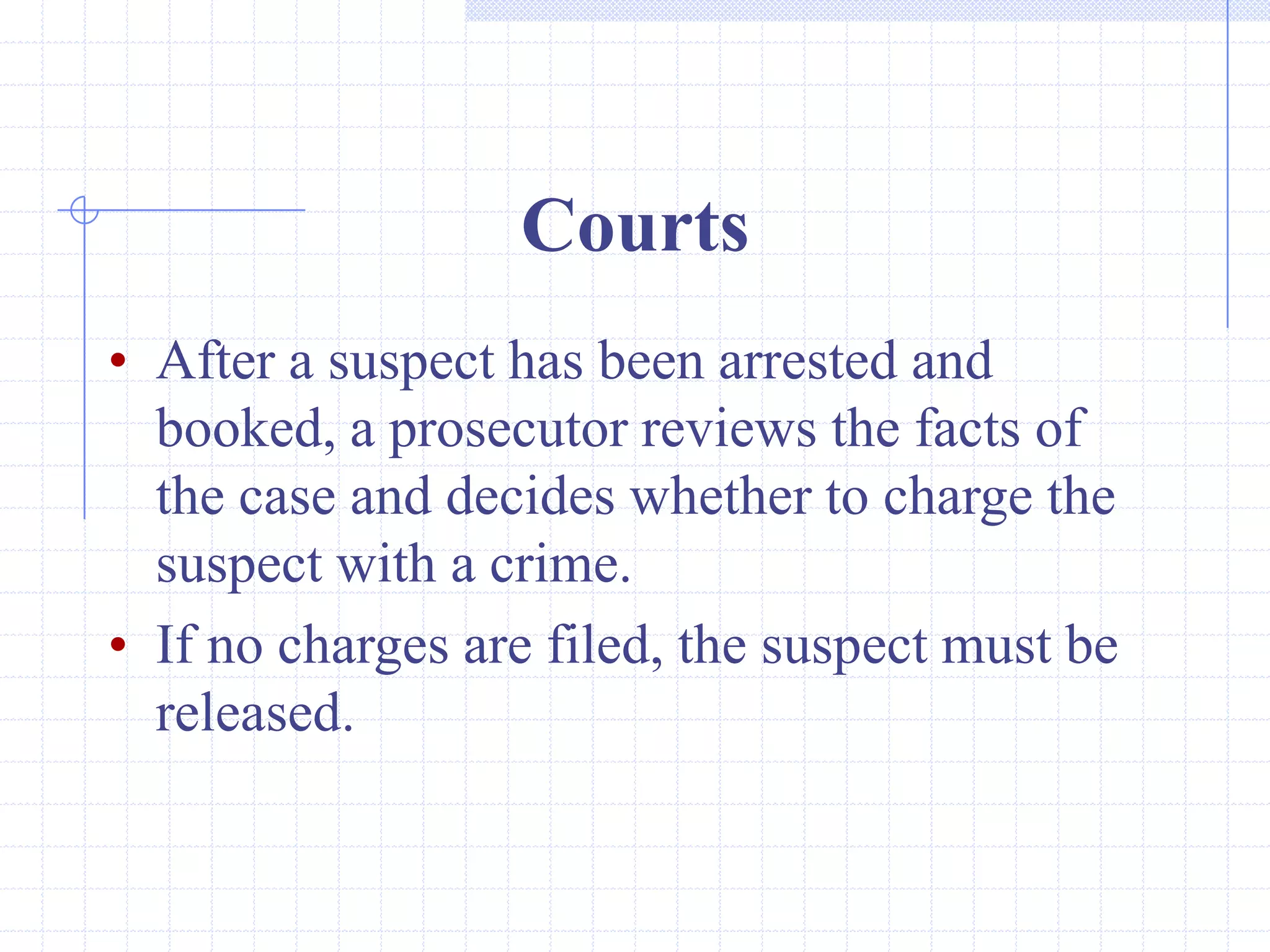 Courts
• After a suspect has been arrested and
  booked, a prosecutor reviews the facts of
  the case and decides whether to charge the
  suspect with a crime.
• If no charges are filed, the suspect must be
  released.
 