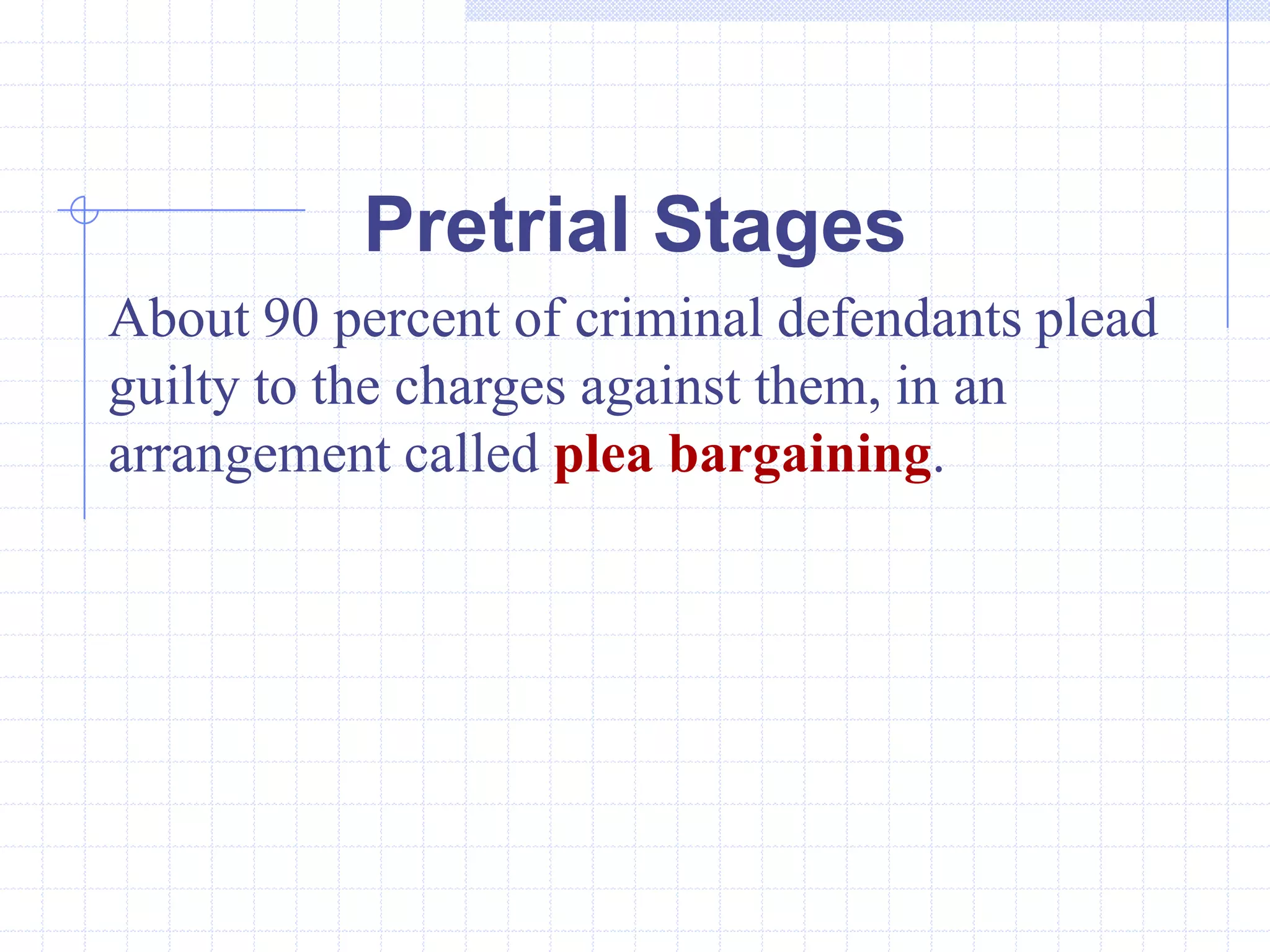 Pretrial Stages
About 90 percent of criminal defendants plead
guilty to the charges against them, in an
arrangement called plea bargaining.
 