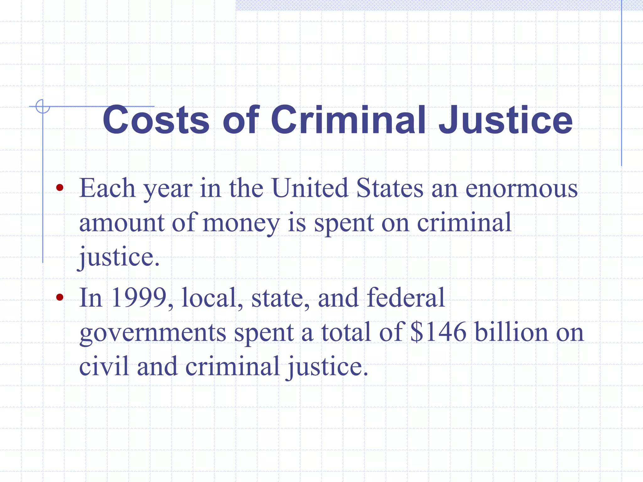 Costs of Criminal Justice
• Each year in the United States an enormous
  amount of money is spent on criminal
  justice.
• In 1999, local, state, and federal
  governments spent a total of $146 billion on
  civil and criminal justice.
 