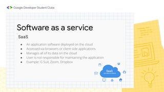 SaaS
● An application software deployed on the cloud
● Accessed via browsers or client side applications
● Manages all of its data on the cloud
● User is not responsible for maintaining the application
● Example: G Suit, Zoom, Dropbox
Software as a service
 