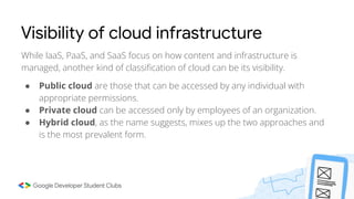 Visibility of cloud infrastructure
While IaaS, PaaS, and SaaS focus on how content and infrastructure is
managed, another kind of classiﬁcation of cloud can be its visibility.
● Public cloud are those that can be accessed by any individual with
appropriate permissions.
● Private cloud can be accessed only by employees of an organization.
● Hybrid cloud, as the name suggests, mixes up the two approaches and
is the most prevalent form.
 