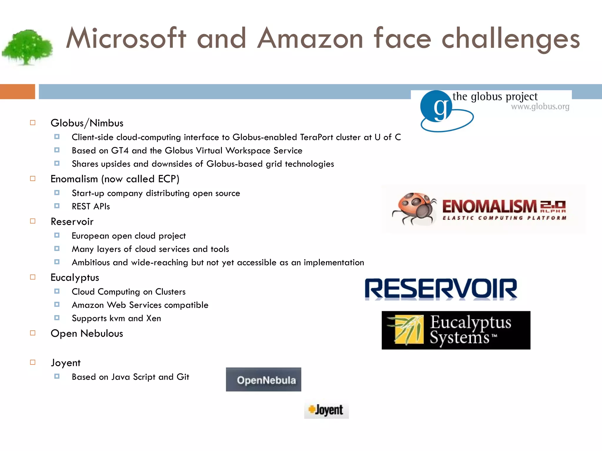 Microsoft and Amazon face challenges Globus/Nimbus Client-side cloud-computing interface to Globus-enabled TeraPort cluster at U of C Based on GT4 and the Globus Virtual Workspace Service Shares upsides and downsides of Globus-based grid technologies Enomalism (now called ECP) Start-up company distributing open source  REST APIs Reservoir European open cloud project Many layers of cloud services and tools Ambitious and wide-reaching but not yet accessible as an implementation Eucalyptus Cloud Computing on Clusters Amazon Web Services compatible Supports kvm and Xen Open Nebulous Joyent Based on Java Script and Git 