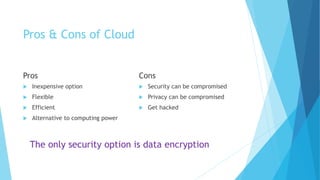 Pros & Cons of Cloud
Pros
 Inexpensive option
 Flexible
 Efficient
 Alternative to computing power
Cons
 Security can be compromised
 Privacy can be compromised
 Get hacked
The only security option is data encryption
 