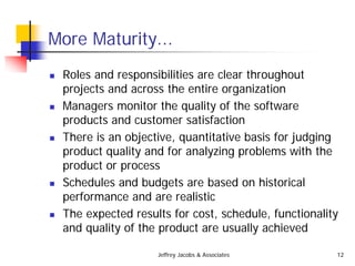 Jeffrey Jacobs & Associates 12
More Maturity...
 Roles and responsibilities are clear throughout
projects and across the entire organization
 Managers monitor the quality of the software
products and customer satisfaction
 There is an objective, quantitative basis for judging
product quality and for analyzing problems with the
product or process
 Schedules and budgets are based on historical
performance and are realistic
 The expected results for cost, schedule, functionality
and quality of the product are usually achieved
 