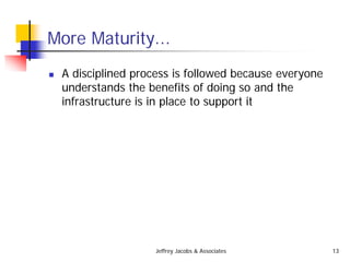 Jeffrey Jacobs & Associates 13
More Maturity...
 A disciplined process is followed because everyone
understands the benefits of doing so and the
infrastructure is in place to support it
 