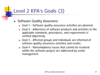 Jeffrey Jacobs & Associates 27
Level 2 KPA’s Goals (3)
 Software Quality Assurance
 Goal 1 - Software quality assurance activities are planned.
 Goal 2 - Adherence of software products and activities to the
applicable standards, procedures, and requirements is
verified objectively.
 Goal 3 - Affected groups and individuals are informed of
software quality assurance activities and results.
 Goal 4 - Noncompliance issues that cannot be resolved
within the software project are addressed by senior
management.
 