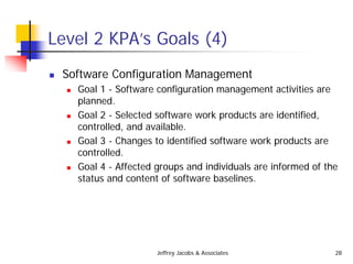 Jeffrey Jacobs & Associates 28
Level 2 KPA’s Goals (4)
 Software Configuration Management
 Goal 1 - Software configuration management activities are
planned.
 Goal 2 - Selected software work products are identified,
controlled, and available.
 Goal 3 - Changes to identified software work products are
controlled.
 Goal 4 - Affected groups and individuals are informed of the
status and content of software baselines.
 