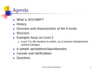 Jeffrey Jacobs & Associates 3
Agenda
 What is SEI/CMM?
 History
 Overview and characteristics of the 5 levels
 Structure
 Examples focus on Level 2
 Level 2 is the hardest to attain, as it involves fundamental
cultural changes
 A sample spreadsheet/questionnaire
 Caveats and clarifications
 Questions
 