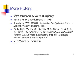 Jeffrey Jacobs & Associates 7
More History
 CMM conceived by Watts Humphrey
 SEI maturity questionnaire — 1987
 Humphrey, W.S. (1989), Managing the Software Process,
Addison-Wesley, Reading, MA.
 Paulk, M.C., Weber, C., Chrissis, M.B., Garcia, S., & Bush,
M. (1992), Key Practices of the Capability Maturity Model:
Version 1.1, Software Engineering Institute, Carnegie
Mellon University, Pittsburgh, PA.
 http://www.sei.cmu.edu
 