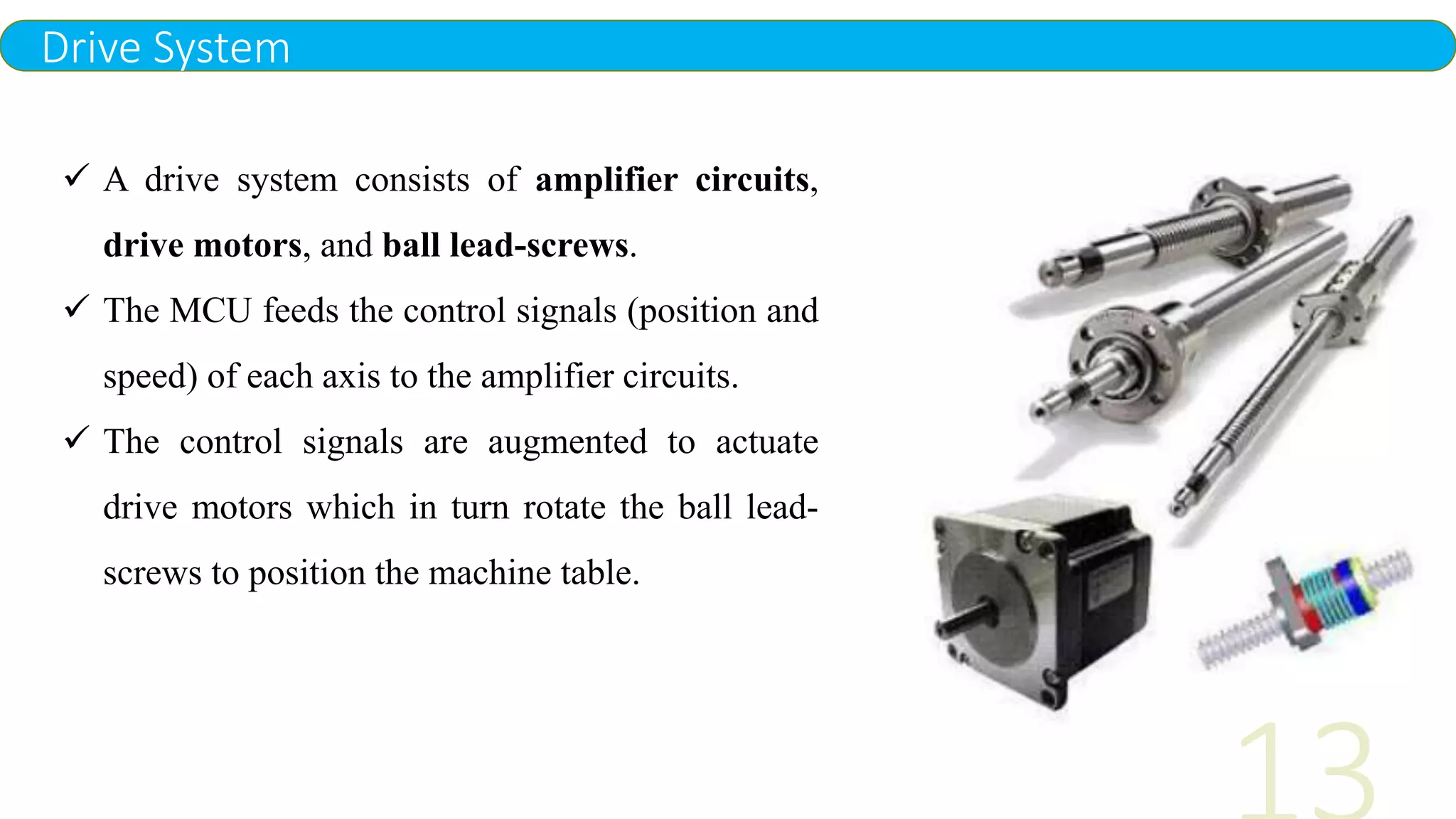Drive System
 A drive system consists of amplifier circuits,
drive motors, and ball lead-screws.
 The MCU feeds the control signals (position and
speed) of each axis to the amplifier circuits.
 The control signals are augmented to actuate
drive motors which in turn rotate the ball lead-
screws to position the machine table.
 