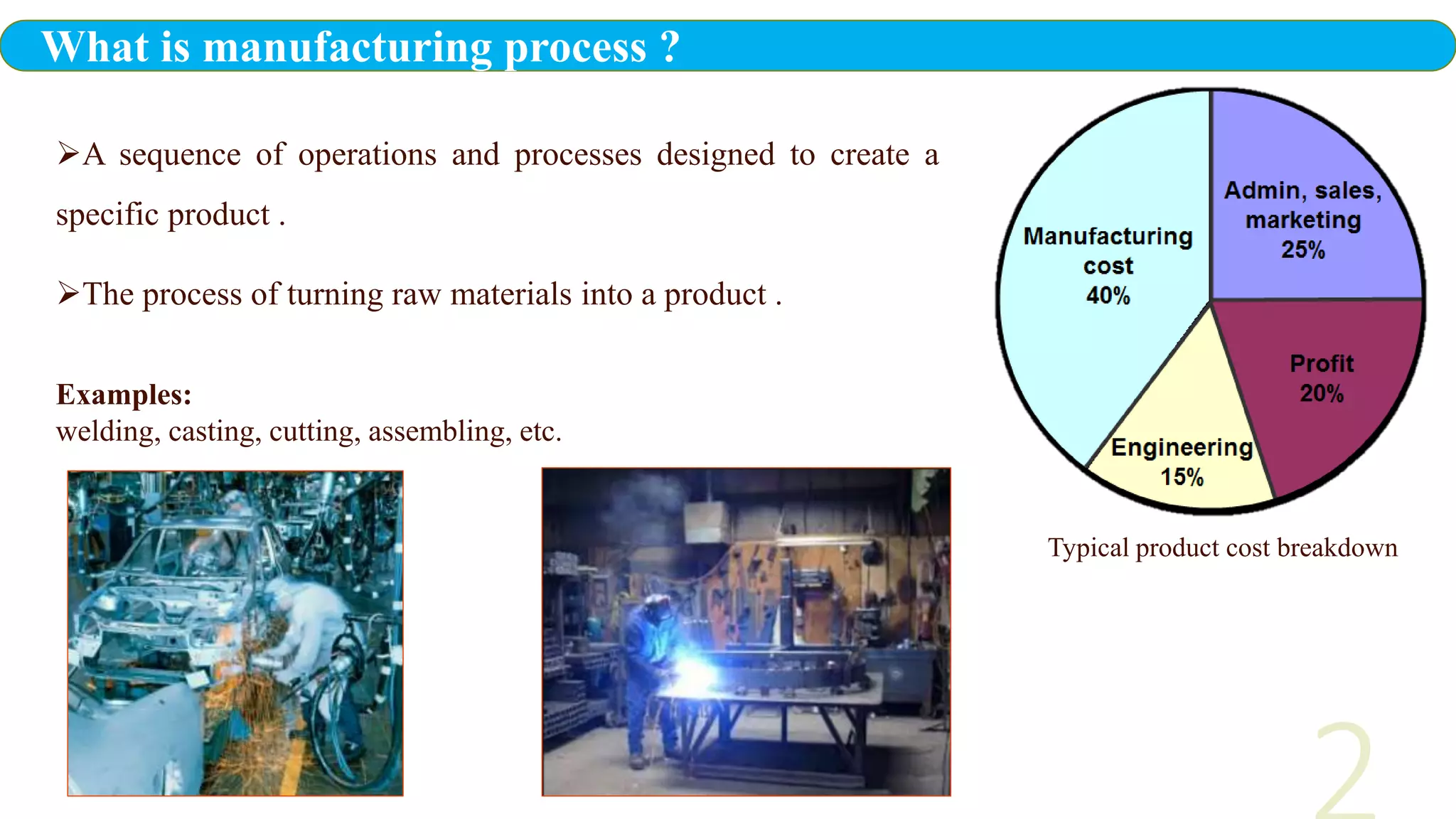 A sequence of operations and processes designed to create a
specific product .
The process of turning raw materials into a product .
Examples:
welding, casting, cutting, assembling, etc.
Typical product cost breakdown
What is manufacturing process ?
 