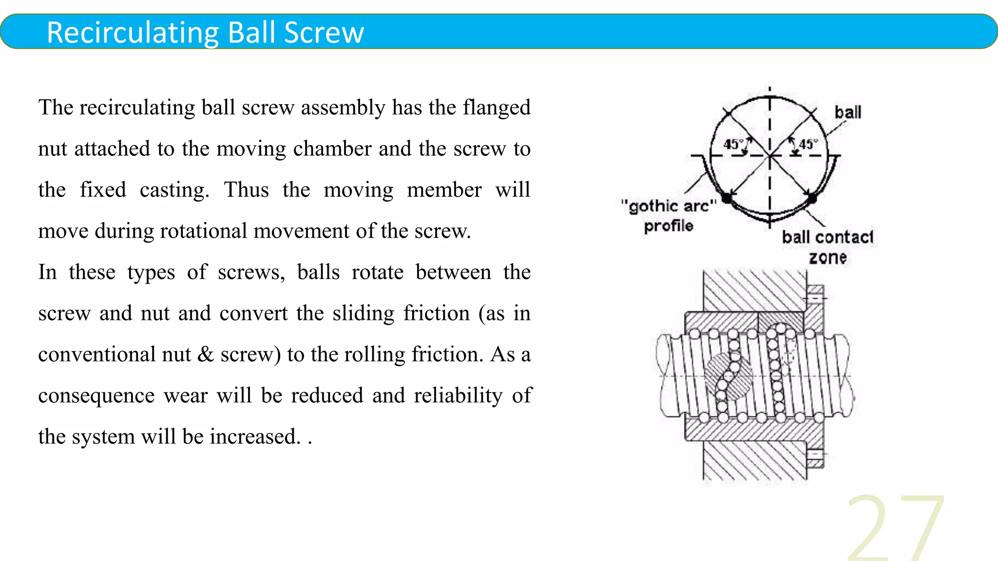 Recirculating Ball Screw
The recirculating ball screw assembly has the flanged
nut attached to the moving chamber and the screw to
the fixed casting. Thus the moving member will
move during rotational movement of the screw.
In these types of screws, balls rotate between the
screw and nut and convert the sliding friction (as in
conventional nut & screw) to the rolling friction. As a
consequence wear will be reduced and reliability of
the system will be increased. .
 