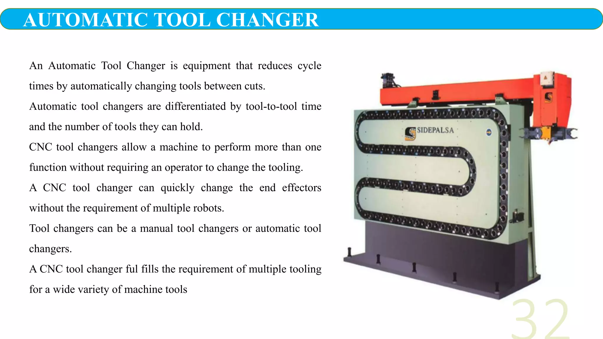 An Automatic Tool Changer is equipment that reduces cycle
times by automatically changing tools between cuts.
Automatic tool changers are differentiated by tool-to-tool time
and the number of tools they can hold.
CNC tool changers allow a machine to perform more than one
function without requiring an operator to change the tooling.
A CNC tool changer can quickly change the end effectors
without the requirement of multiple robots.
Tool changers can be a manual tool changers or automatic tool
changers.
A CNC tool changer ful fills the requirement of multiple tooling
for a wide variety of machine tools
AUTOMATIC TOOL CHANGER
 